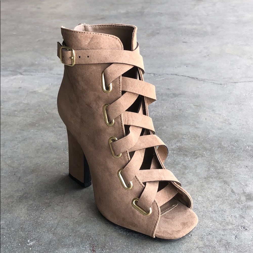 Qupid Women’s Peep Toe Ankle Booties Taupe